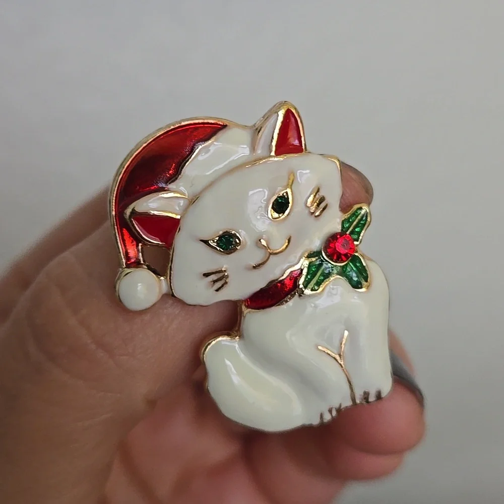 Festive Cat Brooch with Red Santa Hat In White, NWT